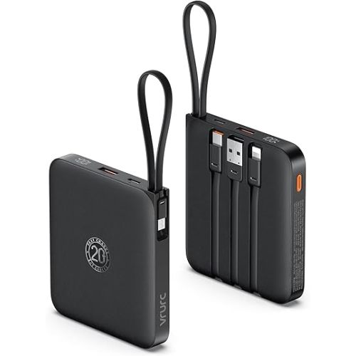 VRURC Portable Charger with Built-in Cable, 10000mAh 22.5W Fast Charging USB C Battery Pack, Cell Phone Power Bank for iPhone 16 15 14 Samsung Galaxy S25 S24 S23 Series Android Tablet, Black(1 Pack)