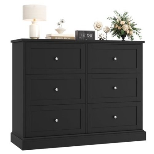 Homfa 6 Drawer Double Dresser, Wood Storage Cabinet for Living Room, Chest of Drawers for Bedroom, Black