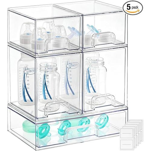 Baby Bottle Organizer - 5 Pack Stackable Clear Drawers with Labels, Baby Storage Solution Container for Countertop, Cabinet, Bathroom, Pantry, Vanity