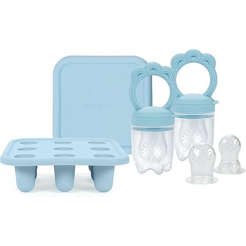 Baby Teether & Pacifier Bundle for Teething Relief, Complete Solution for Feeding & Teething Popsicle Mold Included, Baby Feeding Essentials with No BPA, 2-Pack, Slate Blue - Ruby’s Nest