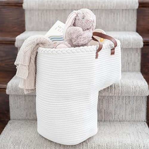 Stair Basket for Carpeted & Wooden Stairs - Cotton Rope Basket Staircase Handles - Storage Stair Steps For Laundry, Toys, Nursery Caddy - Cream White 15.75" L x 7.87" W x 15.75 "H