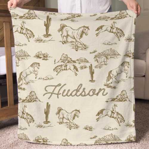 Western Cowboy Baby Blanket Personalized Newborn Name Blanket Custom Baby Throw Western Baby Gift Horse Nursery Country Western Vintage Boy