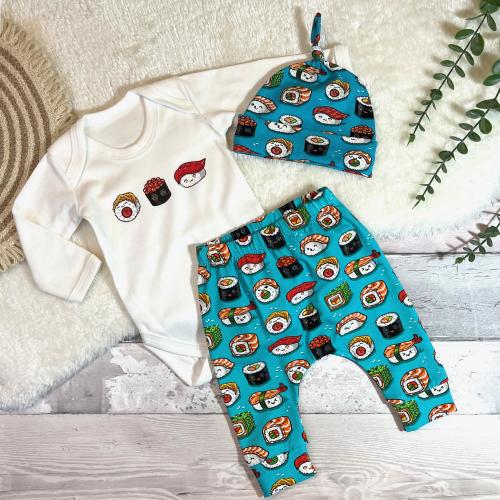 Sushi Baby Gift Set, Kawaii Leggings with Bodysuit and Hat, Japanese Style Clothes Set, Kawaii Baby Shower Gift - Blue