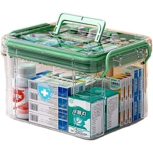 Multifunctional Family Medicine Box, Clear Double Layer Storage Box Container, Family First Aid Box Medicine Box Organizer (L)