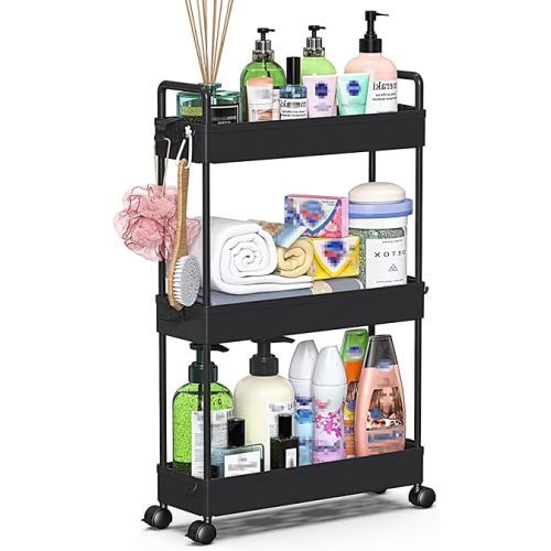 SOLEJAZZ Slim Rolling Storage Cart with Wheels 3 Tier Skinny Bathroom Storage Organizer Thin Laundry Room Utility Cart Space-Saving for Bedside Kitchen Office Small Narrow Places, Black