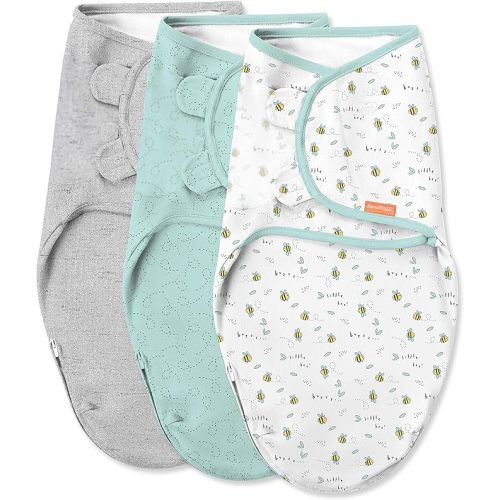 SwaddleMe by Ingenuity Easy Change Swaddle in Size Small/Medium, For Ages 0-3 Months, 7-14 Pounds, Up to 26 Inches Long, 3-Pack Baby Swaddle with Easy Change Zipper - Little Bees