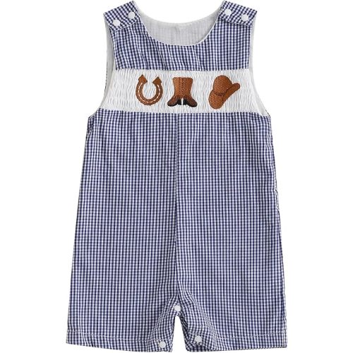 Newborn Baby Boy Girl Summer Outfit Farm Animals Pumpkin Embroidery Sleeveless Plaid Romper Shortall Smocked Jumpsuit