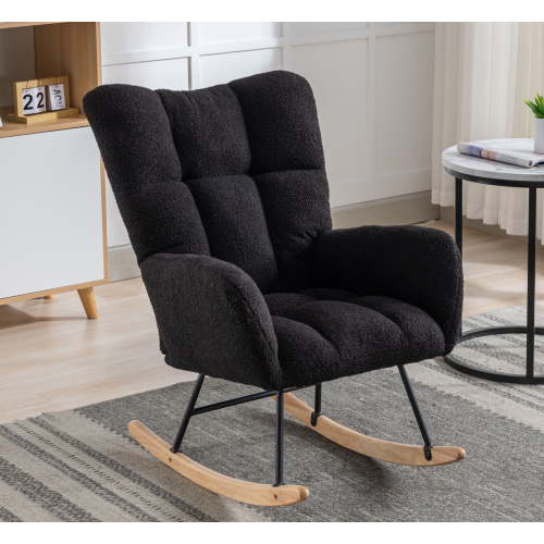 Rocking Chair Nursery,Teddy Upholstered Glider Rocker with High Backrest,Modern Rocking Accent Chairs Glider Recliner for Living Room, Nursery, Bedroom,Black