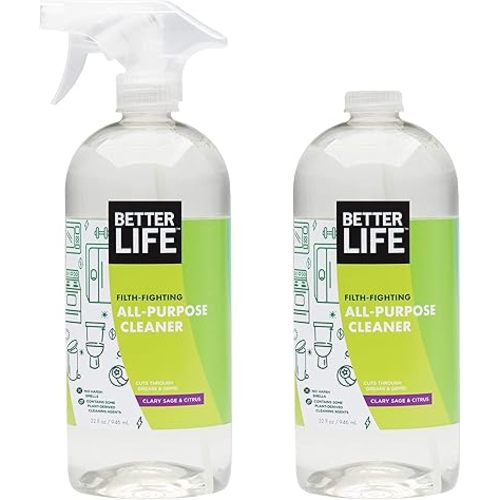 Better Life All Purpose Cleaner - Multipurpose Home and Kitchen Cleaning Spray for Glass, Countertops, Appliances, Upholstery & More - Multi-surface Spray Cleaner - 32oz (Pack of 2) Clary Sage/Citrus