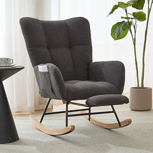 Phore Nursery Rocking Chair Teddy Upholstered Glider Rocker with High Backrest Armchair Comfy Side Modern Rocking Accent Chairs for Living Room, Nursery, Bedroom,(Large Grey)