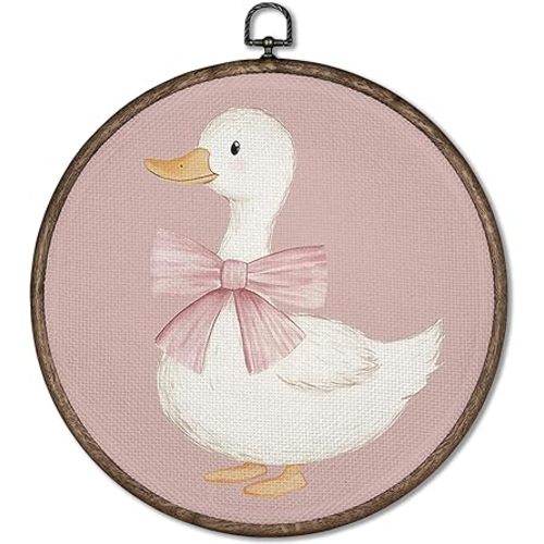 GWFSJYU Coquette Pink Duck Framed Wall Art, Duck Nursery Decor, Cute Ducks Round Canvas Prints Wall Art, Vintage Pink Bow Ducks Wall Hanging Decor for Bathroom Nursery Girls Room, 10x10inch