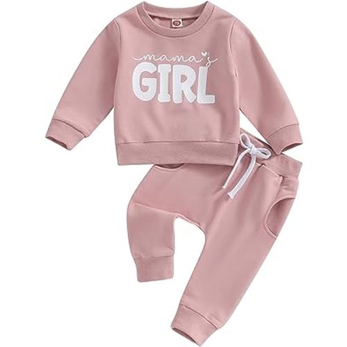 wdehow Toddler Baby Girls 2pcs Outfit Letters Print Long Sleeve Sweatshirt Tops Solid Color Pants Fall Winter Clothes