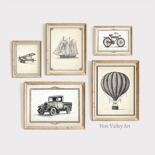 Vintage Travel Boy Nursery Wall Art, Gender Neutral Baby Prints, Car Hot Air Balloon Boat Plane Bicycle, Transport Nursery Decor Set of 5