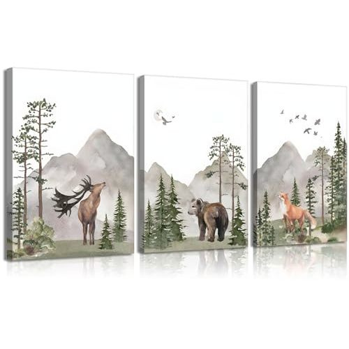 YBARTZQ Woodland Nursery Wall Art Wild Animals Forest Wall Decor Prints Adventure Theme Canvas Posters Deer Bear Fox Watercolor Pictures Paintings for Boys Room Girls Room 3Pcs 12x16in Framed