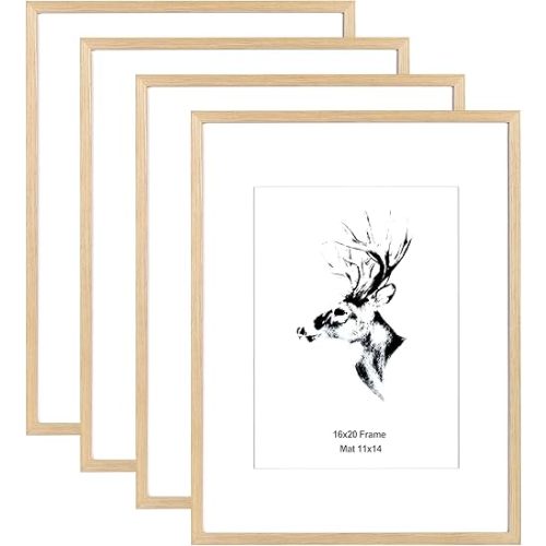Yaetm 16x20 Picture Frame Matted to 11x14 Set of 4, Natural Solid Oak Wood 16x20 Frame for Gallery Wall, Photos, Posters & Art Prints, Horizontal and Vertical Wall Mount (4 pack, Oak)