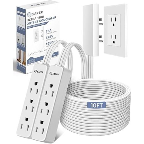 Saker Outlet Cover Extension Cord | 10ft Flat Extension Cord with 3 Outlets,1625W | Universal Size Outlet Concealer | Outlet Cover Baby Proofing for Kitchen, Home and Office(Dual 10ft)