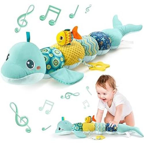Montessori Infant Baby Musical Plush Toys, Stuffed Animal Activity Soft Toys with Multi-Sensory Crinkle, Rattle and Textures for 0-3-6-12 Months Developmental Toys, Dolphin, Whale, Blue