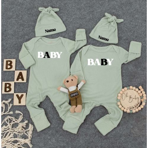 Custom Name On Hat, Twin Baby Bodysuit, Funny Twin Outfit, Cute Kid Newborn, Gift For New Mom, Personalized Baby Romper, Cuties Jumpsuit