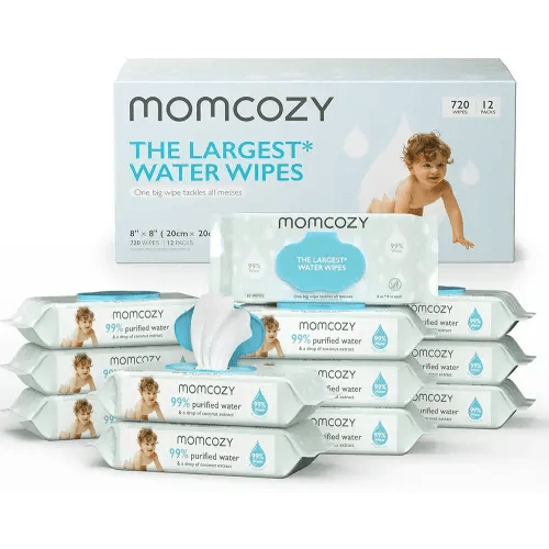 Baby Wipes, Momcozy Water Wipes-Extra Large Size Design, 99% Water Based Wipes, Unscented & Hypoallergenic, Cleansing & Moisturizing Baby Wipes for Sensitive Skin, 12 Flip-Top Packs (720 Wipes Total)