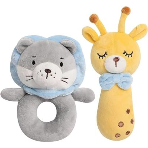 TILLYOU Plush Rattle Toys for Baby Set of 2 - Soft Plush Stuffed Animal Rattle for Newborns, Rattle Shaker Set for Infants, Gifts for Girls Boys, Shaker & Teether Toys for 3 6 9 12 Months