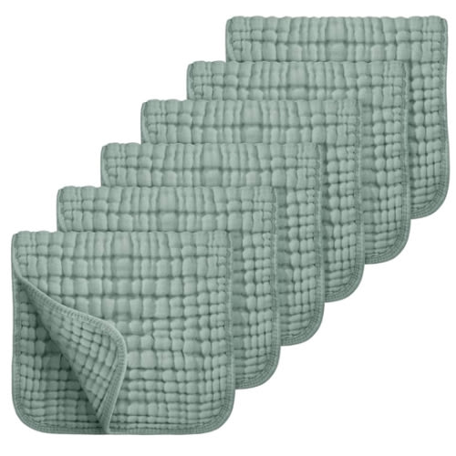 Looxii Muslin Burp Cloths 6 Pack - 20" x 10" - Ultra Soft & Absorbent, 6-Layer 100% Cotton for Spit Up & Drool- Gentle Baby Burping Cloth, Newborn Boys Girls Essentials, Dark Green