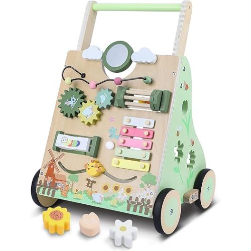 Wooden Baby Walker with Wheels, Toddler Push and Pull Walker Toys, Montessori Multiple Baby Activity Center Push Cart for Babies 6-12 Months 1 2 3 Years Old (Farm)