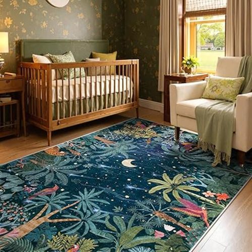 Lahome Midnight Jungle Green Rug, Washable Rugs 5x7 for Bedroom Aesthetic, Soft Animal Print Office Area Rug Botanical Stain Resistant Non Slip Dining Room Carpet for Under Table Living Room