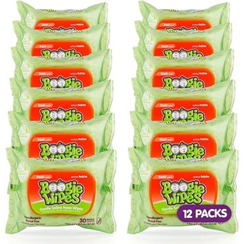 Saline Nose Wipes by Boogie, for Baby & Kids, Face, Hand & Body, FSA/HSA Eligible, Made with Vitamin E, Aloe, and Natural Saline, Fresh Scent, 30 Count (Pack of 12)