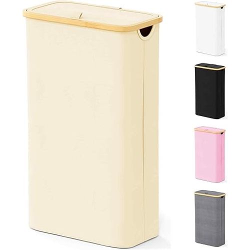 SpaceAid Slim Laundry Hamper with Lid and Wheels, 62L Narrow Clothes Basket Bin with Bamboo Handles, Skinny Tall Collapsible Hamper for Bedroom, Bathroom, Dorm, Laundry Room - Beige