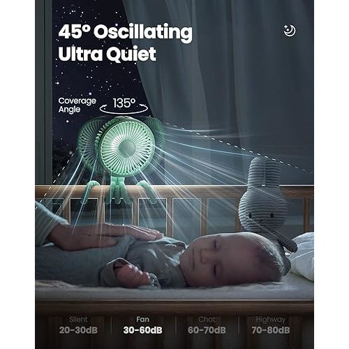 Oscillating Stroller Fan, 360° Rotate, Small Portable for Car Seat Crib Travel Green