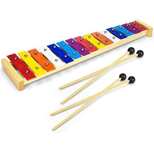 15 Tone Natural Wooden Xylophone for Kids Toddler with Multi-Colored Metal Bars, Music Instrument for Preschool Educational Learning Toys for Children Boys Girls