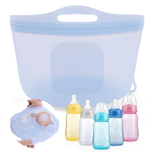 Palksky Large Silicone Microwave Steam Bags for Baby Bottles Reusable Silicone Steaming Bags for Breast Pump Parts Pacifiers Nipples Teethers Soother for Mom Home and Travel Blue