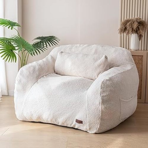 MAXYOYO Giant Bean Bag Chair with Pillow, Boucle Bean Bag Sofa for Adults,Large Upholstered Bean Bag Couch Lazy Sofa with Filler for Reading, Gaming, Beige