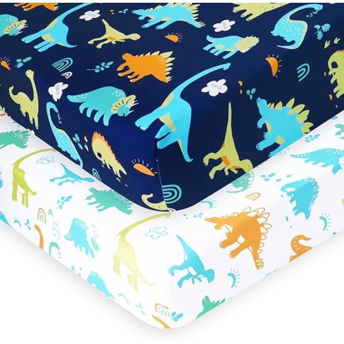 PHF Soft Crib Sheet Fitted, 2 Pack Baby Sheets for Boys Girls, 28x52x9in Fits Standard Crib and Toddler Mattresses, Silky Comfy Breathable Polyester Baby Mattress Sheets, Dinosaur