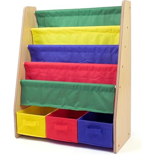 Humble Crew 4-Tier Kids Bookshelf and 3 Bins Toy Storage, Natural and Primary - Book Shelf for Kids Rooms with Four Deep Pockets - Toddler Sling Book Rack with Deep Sleeves, Nursery Bookcase Organizer