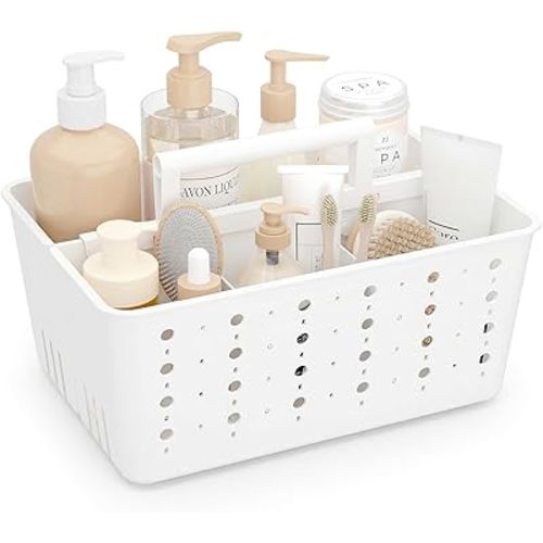Lifewit Shower Caddy Portable, Caddy Organizer with Handle and Adjustable Dividers, Plastic Shower Basket for Dorm Room Essentials, College, Bathroom, White, 1 Pack
