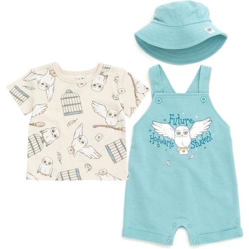 Harry Potter Hermione Hedwig Ron Weasley Baby French Terry Short Overalls T-Shirt & Hat 3 Piece Outfit Newborn to Infant