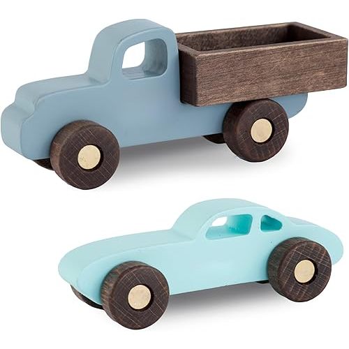 BUSY PUZZLE Colorful Wooden Toy Cars Set 2-Pack Truck and Car Durable Wooden Vehicles for Kids Montessori-Inspired Gift for Toddlers