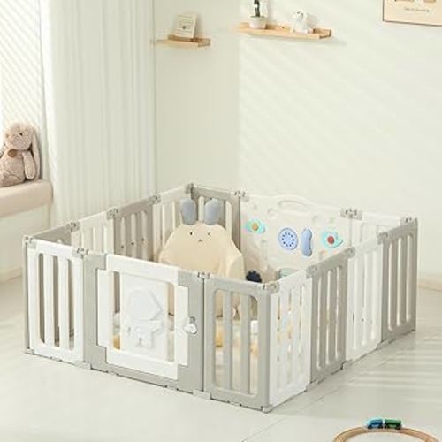 14 Panels Baby Play Pen, Extra Large Baby Playpen, Foldable Astronauts Play Pens for Babies and Toddlers, Adjustable Portable Fence Gate Playpen Yard, Grey