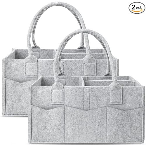 Cute Castle 2 Pack Diaper Caddy Organizer - Portable Baby Caddy Organizer with Handle, Nursery Storage Bin and Car Organizer for Girls, Boys - Baby Gift Basket - Grey