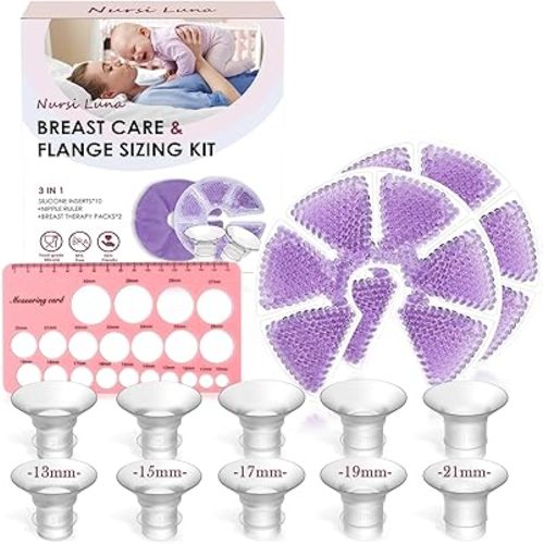 Flange Sizing Kit with Flange Inserts 13/15/17/19/21mm 10PCS, Nipple Ruler Tool, 2 Hot and Cold Breast Therapy Packs, Flanges Insert for 24mm Pump, Breastfeeding Essential Kit for New Moms