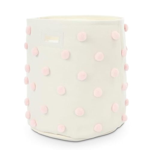 Beige 17.5" D x 20.8" H Pom Pom Basket Bin Large Cotton Canvas Laundry Hamper Baby Girl Laundry Basket Storage, Baby Nursery Hamper for Nursery Playroom Home Room Organizer Decor