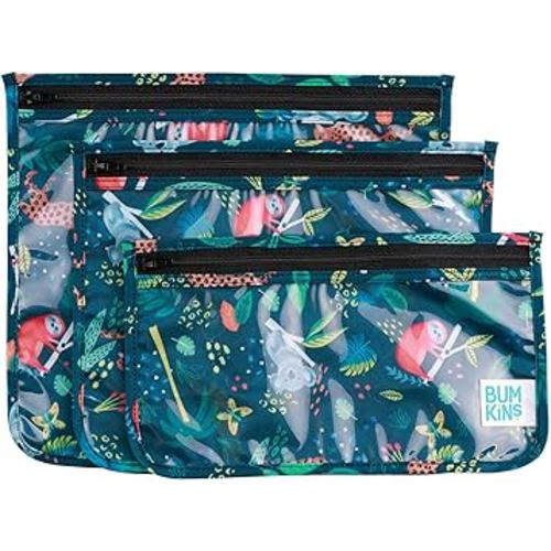 Bumkins Travel Bag, Toiletry, TSA Approved Pouch, Zip Bag, Quart Size Airline Compliant, Clear-Sided, Baby, Diaper Bag Organization, Makeup, Accessories, Packing, Set of 3 Sizes, Jungle