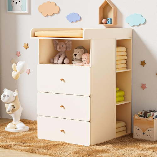 Baby Changing Table Dresser with Removable Nappy Tray, Lattice Cabinets - Wanan 6 Drawer Nursery Dresser, Diaper Changing Station for Nursery, Living Room (Nude Pink)