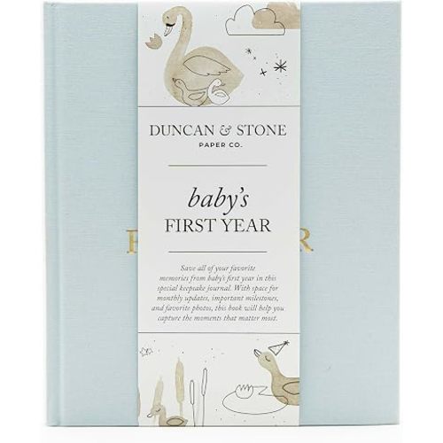 Duncan & Stone Baby Book First Year Memory Keepsake, Linen, Sky Blue