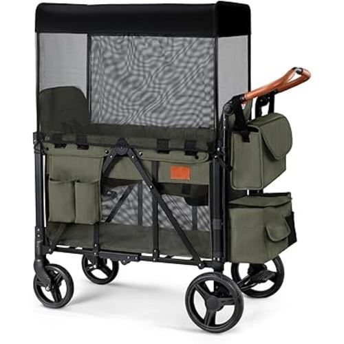Wagon Stroller for 2 Kids, High Seat & 5 Point Harness, Foldable All-Terrain Wagon for Toddler with Canopy, Parent Organizer, Shoulder Bag, Adjustable Handlebar, Ultimate Double (Green)