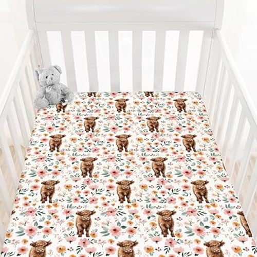 HawSkgFub Highland Cow Floral Boho Fitted Standard Crib Sheet for Baby Girl, Retro Western Farm Animal Yak Flower Toddler Mattress Cover, Soft Stretchy Nursery Bed Sheets Decor Kids Gift 52" x 28"