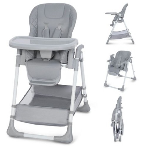 Kinder King Foldable High Chair for Babies & Toddlers, Adjustable Height, Recline, Storage Basket, Double Trays, Easy to Clean, Gray