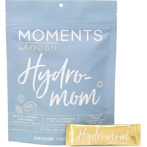 Boobie Hydromom Superfood Electrolyte Drink Mix, Blue Raspberry Lemonade | Refreshing Energy & Hydration Boost for Mamas | On-The-Go & Travel Essentials for Pregnancy, Lactation, & Beyond, 15 Packets