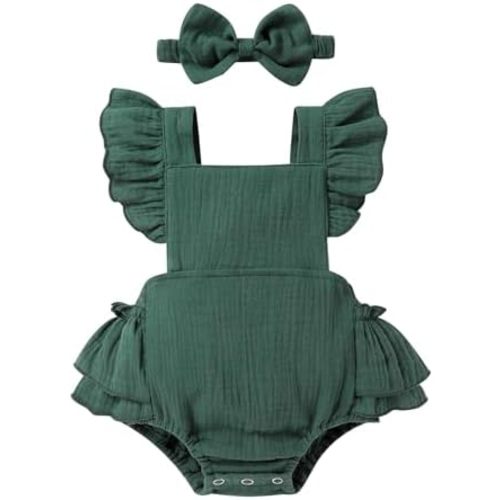 Happy Town Baby Girl Clothes Toddler Summer Linen Romper Sleeveless Ruffle Outfits Infant Girls Jumpsuit with Headband